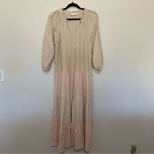 Mango women’s textured striped cotton bohemian peasant dress size 4 cream